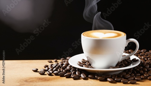Cup of latte with coffee beans with the latte art,isolated black background with copy space.