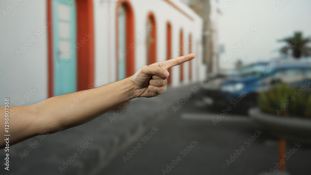 Obraz premium Man's hand pointing forward on a lively city street highlighting urban architecture and vibrant atmosphere, focusing on interaction and guidance outdoors in bustling surroundings.