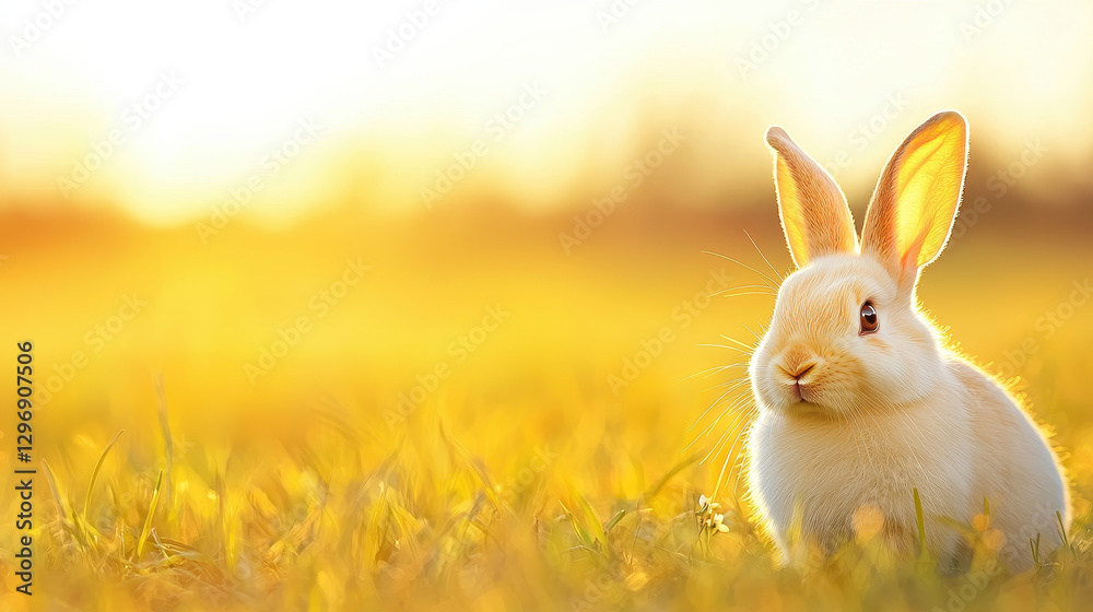 Fototapeta premium Playful white bunny sitting in sunlit meadow, enjoying warm day