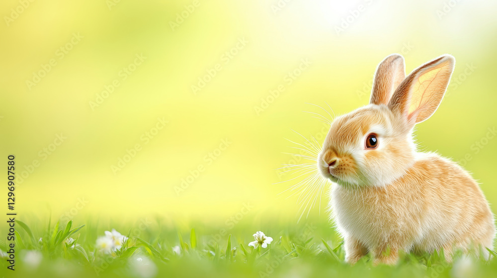 Fototapeta premium Playful bunny sitting in lush green meadow with soft flowers