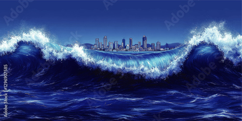 Vector Illustration of Huge Ocean Wave Crashing Toward Urban City Skyline with Skyscrapers and Blue Sea for Disaster, Nature, and Weather Concepts
