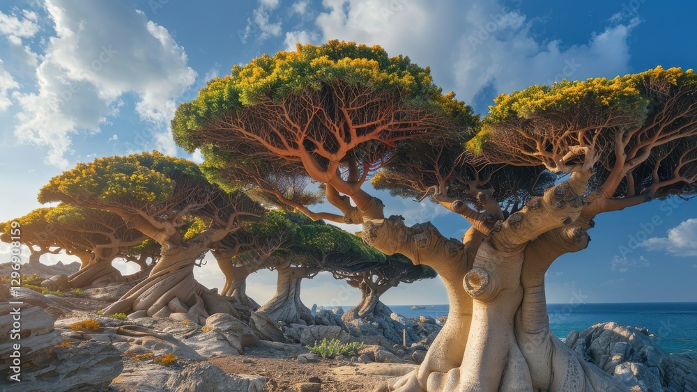 Fototapeta premium Majestic Scene of Unique Trees Against a Coastal Landscape Under a Vibrant Sky