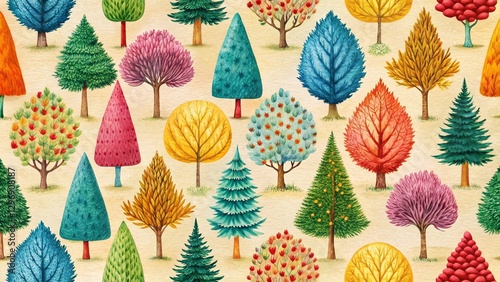 Vibrant Colored Pencil Tree Pattern: Vintage Style Repeating Texture Background