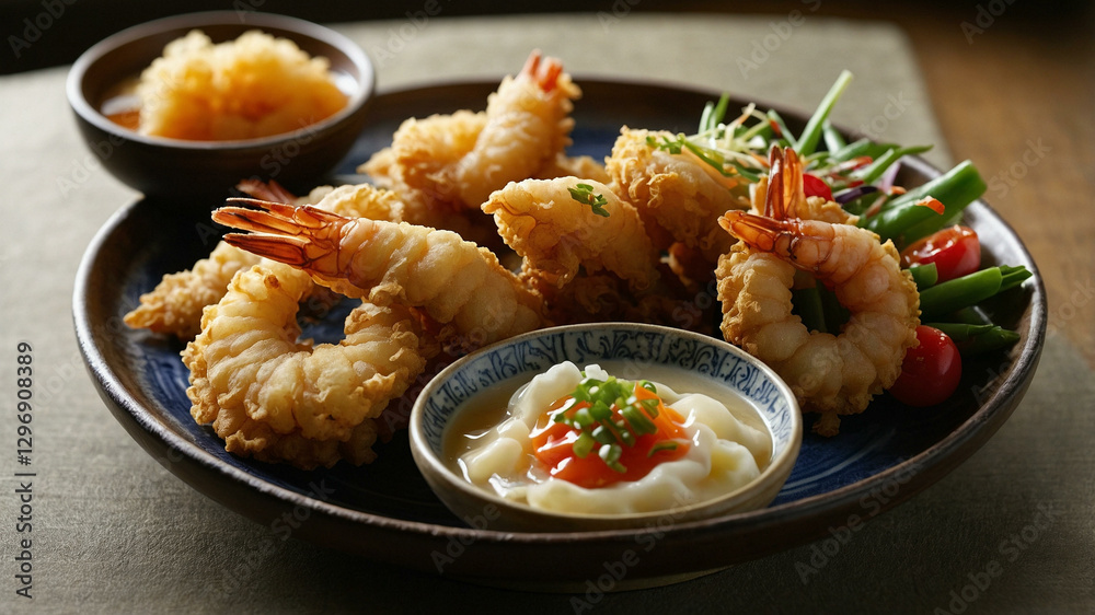 Shrimp tempura on a plate placed against a black background Shrimp tempura on a plate placed against a black background