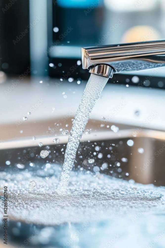 Chrome faucet with water flowing smoothly highlighting shine and movement. Sink faucet in a clean and refreshing look. Chrome faucet with water flowing smoothly highlighting shine and movement. Sink faucet in a clean and refreshing look.