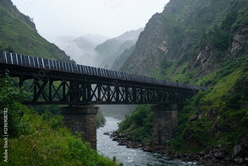 Railway bridge over river, nestled in valley, travel ads, infrastructure projects