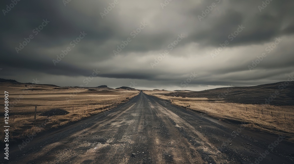 Fototapeta premium Deserted road through dry land under a gloomy sky