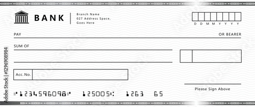 Blank bank check, checkbook cheque template with blue guilloche, vector mockup. Money payment bank check voucher or pay cash cheque certificate, account bill paycheck	