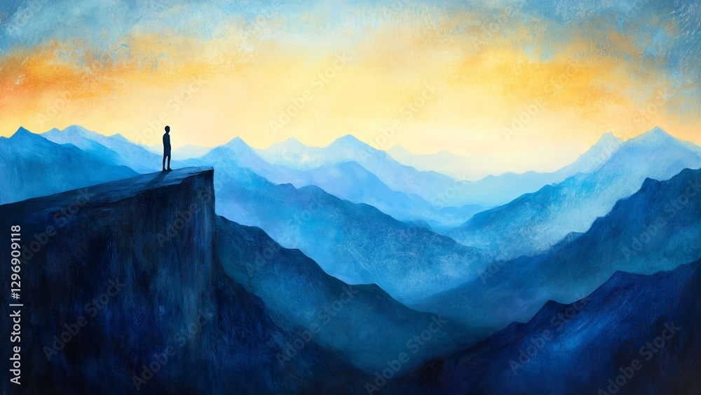 Obraz premium A lone figure standing on a cliffside at dawn, looking over endless mountains, a moody and introspective scene, deep blues and warm sunset hues, dramatic composition