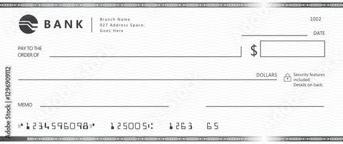 Blank bank check, checkbook cheque template with blue guilloche, vector mockup. Money payment bank check voucher or pay cash cheque certificate, account bill paycheck	