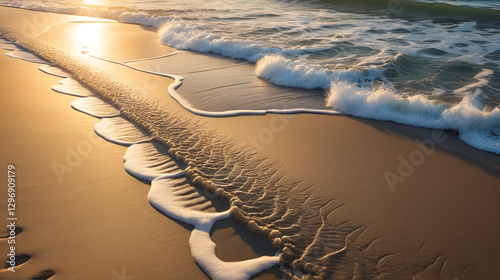 Wet beach sand with a wave trace in the outgoing sunlight.