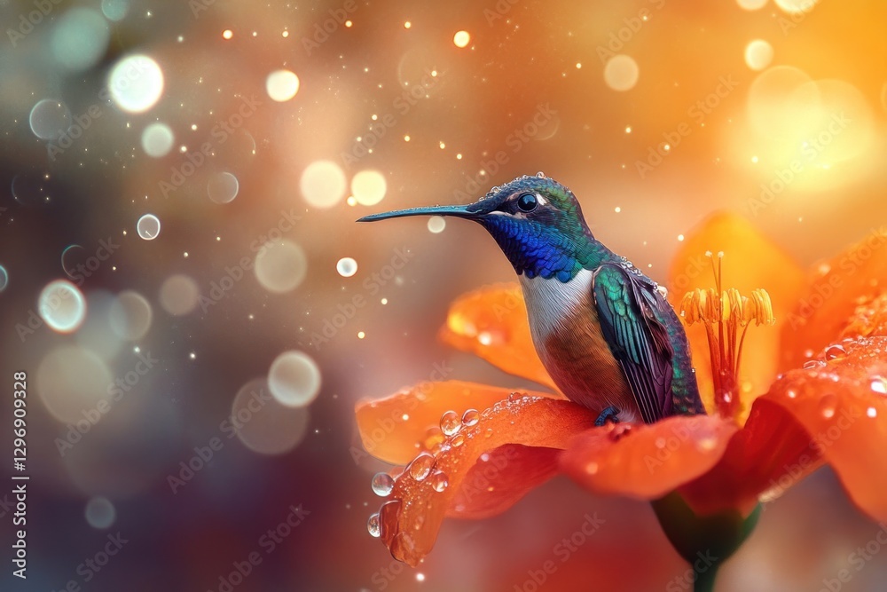 Obraz premium Vibrant hummingbird perched on a dew-kissed orange flower. (1)