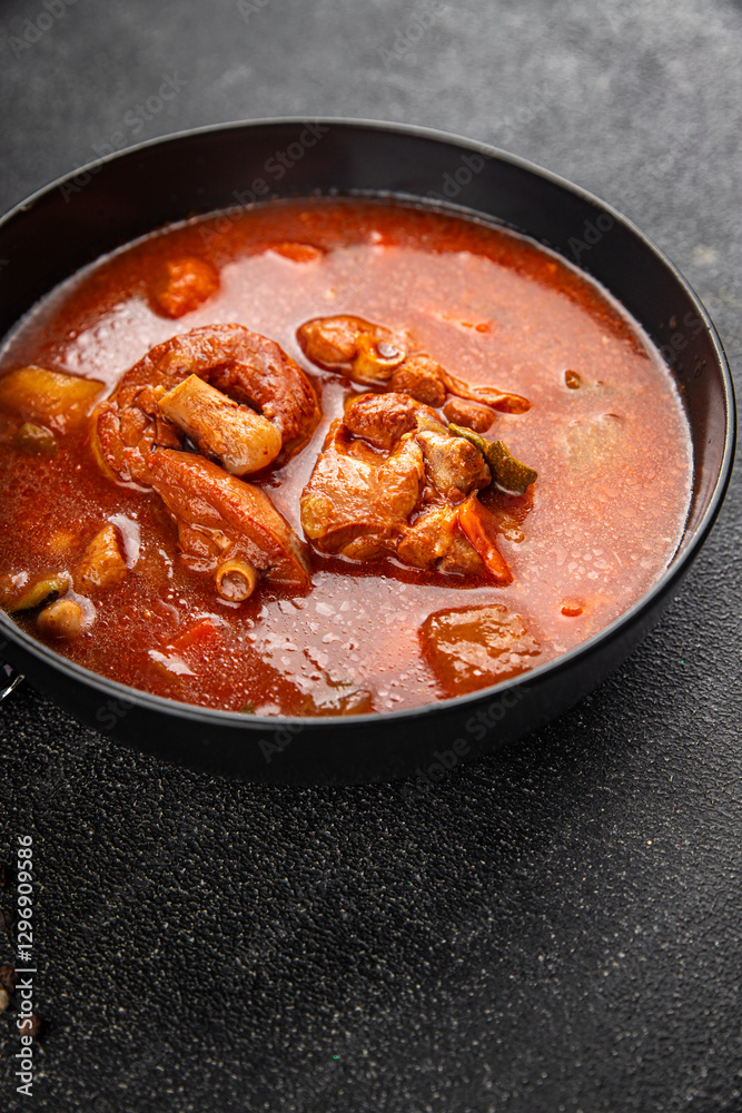 Tomato meat soup vegetable goulash fresh tasty food dish delicious gourmet food background on the table rustic food top view copy space keto and paleo diet Tomato meat soup vegetable goulash fresh tasty food dish delicious gourmet food background on the table rustic food top view copy space keto and paleo diet