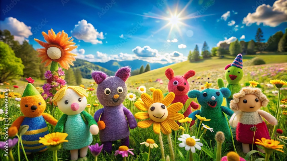 Fototapeta premium Vibrant Felt Puppets in a Sunny Meadow Landscape - Stock Photo