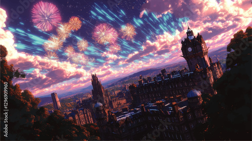 Spectacular Vector Art of Vibrant Fireworks Display Above Historic Gothic City Skyline at Sunset with Dramatic Clouds and Architectural Landmarks