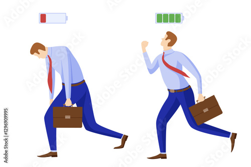 Tired energetic businessman with battery symbol. First charged to work and then discharged all forces of man with indication clipart power vector charge above his head.