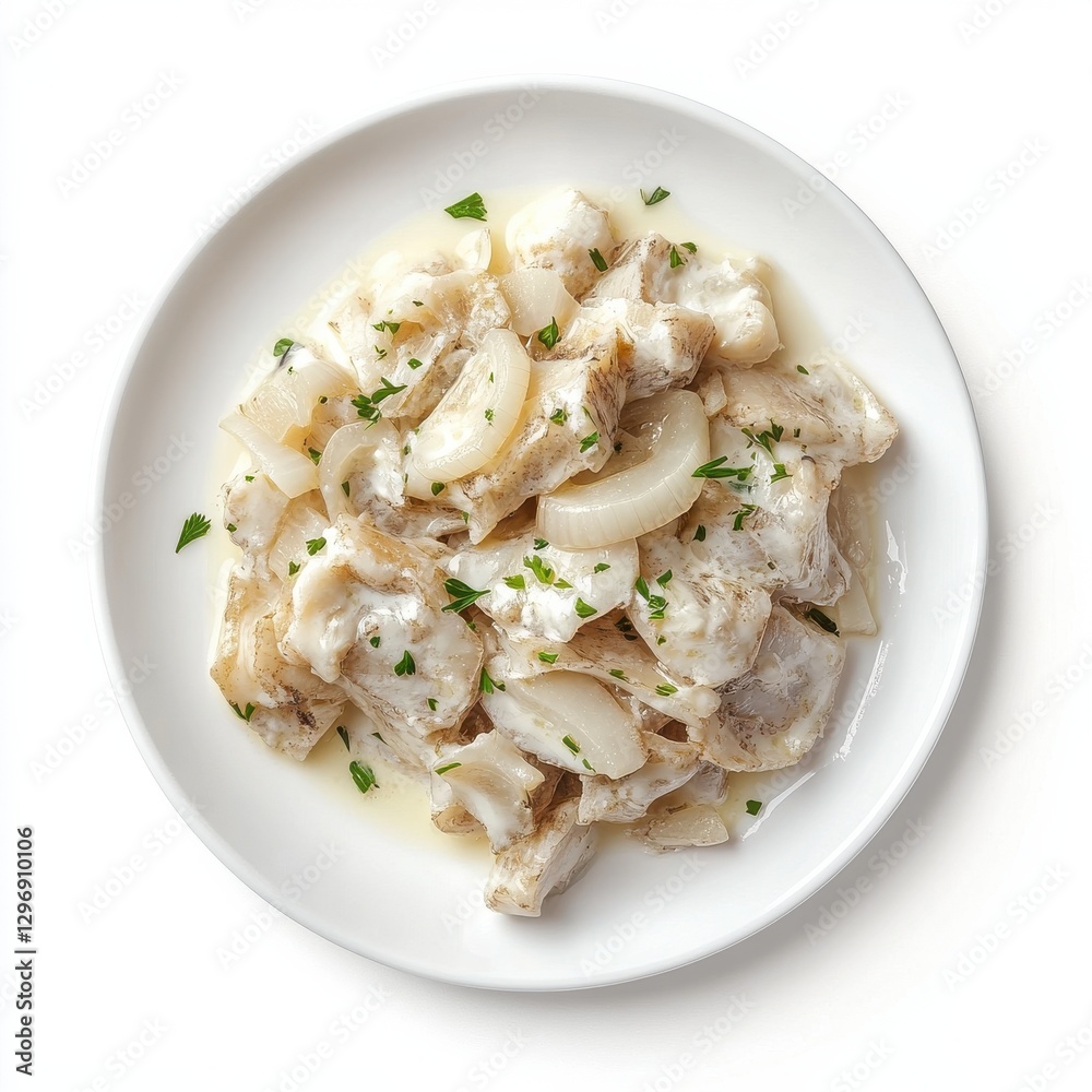 Topdown view of Baccal alla Vicentina on white plate Topdown view of Baccal alla Vicentina on white plate