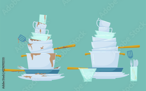 Dishes mountain clean, dirty . Pile dirty, unhygienic dishes leftover food and cleanly washed empty, shiny vector plate, cup stand fork spoon, clutter flat homework.