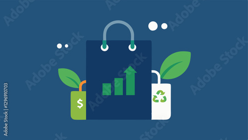 Shopping Bag and Stock Ticker A shopping bag with ecofriendly symbols. Next to it a digital stock ticker tape showing rising numbers that signify increasing investments in