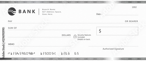 Blank bank check, checkbook cheque template with blue guilloche, vector mockup. Money payment bank check voucher or pay cash cheque certificate, account bill paycheck	