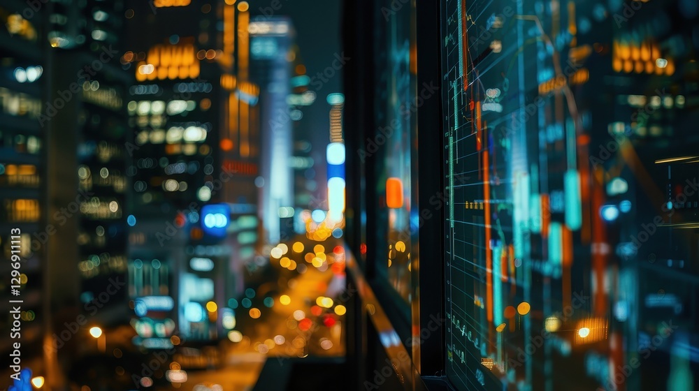 Fototapeta premium Dynamic Financial Charts Illuminated by Night City Lights