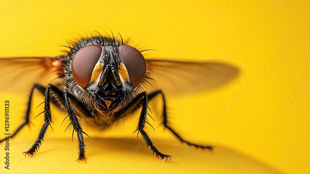 This macro photograph showcases a detailed fly with its striking eyes and texture, set against a vibrant yellow background, emphasizing the beauty of nature's designs. This macro photograph showcases a detailed fly with its striking eyes and texture, set against a vibrant yellow background, emphasizing the beauty of nature's designs.