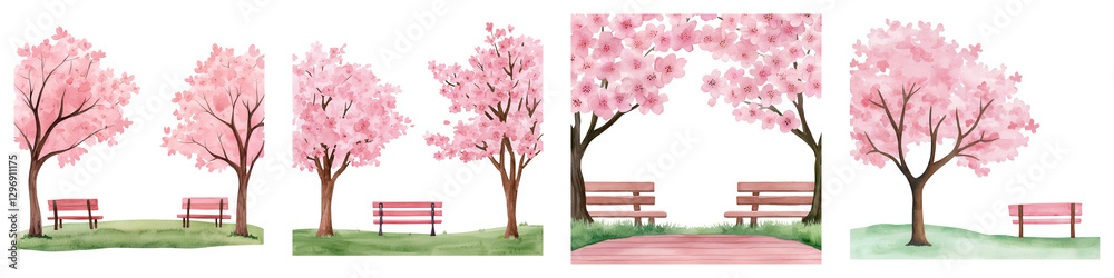 Serene Cherry Blossom Park Scene with Soft Pink Trees and Benches Serene Cherry Blossom Park Scene with Soft Pink Trees and Benches