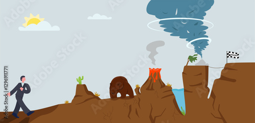 Business man overcome hard way to solution vector graphic illustration. Confident male going on mountain with cactus, crazy bear, volcano, hurricane, approaching to finish