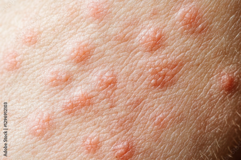 Fototapeta premium close-up of skin allergy rash with red itchy bumps on human skin, dermatology, dermatitis, and irritation texture background