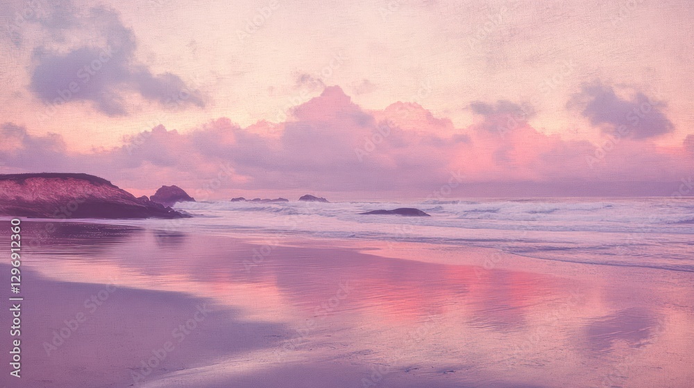 Beautiful pink clouds and shoreline reflecting sunlight at dusk Beautiful pink clouds and shoreline reflecting sunlight at dusk
