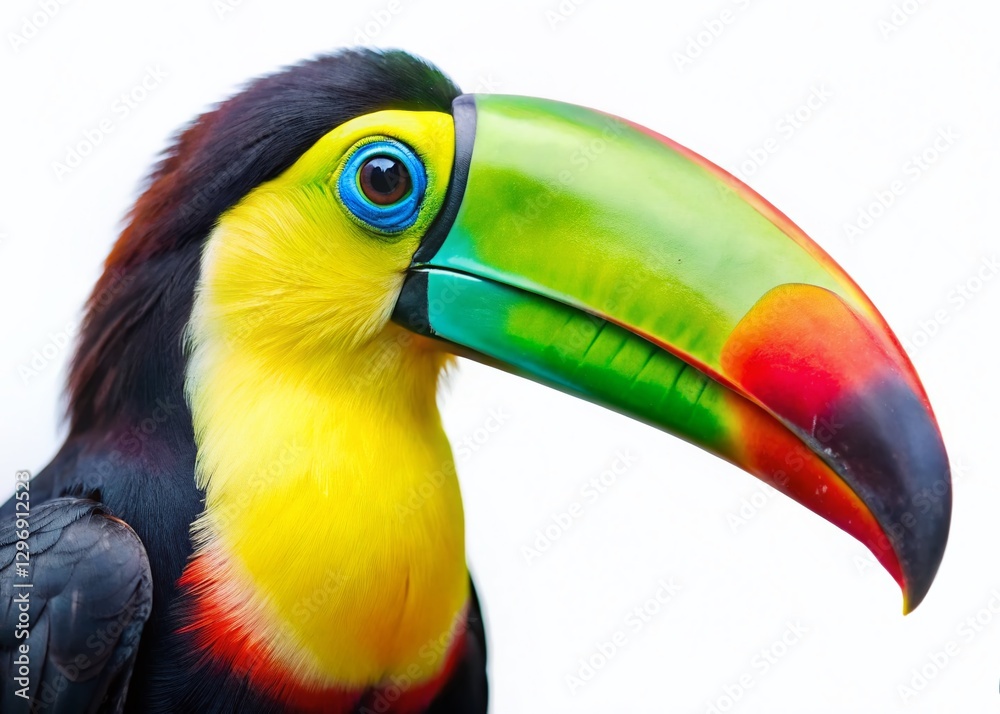 Fototapeta premium Vibrant Keel-billed Toucan Portrait, Isolated on White, Costa Rican Wildlife, Tropical Bird Face
