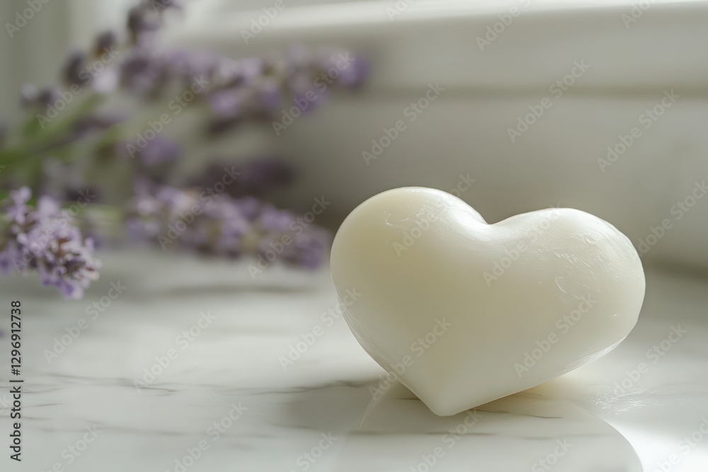 A white heart shaped object sits beside purple flower sprigs A white heart shaped object sits beside purple flower sprigs