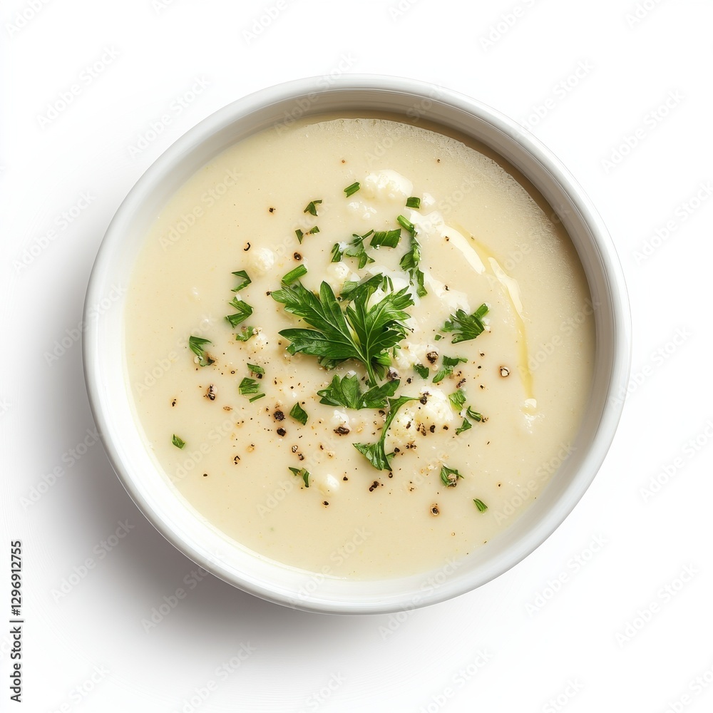 Photorealistic Cauliflower Soup with garlic and cream in white bowl Photorealistic Cauliflower Soup with garlic and cream in white bowl