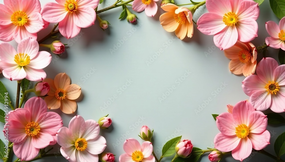 Fototapeta premium Delicate pink and yellow spring flowers forming a decorative frame, flora, blooming