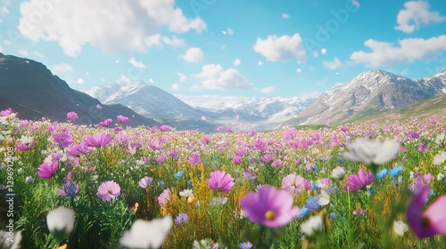 Fototapeta Naklejka Na Ścianę i Meble -  A field of pink cosmos flowers at sunset, mountain backdrop