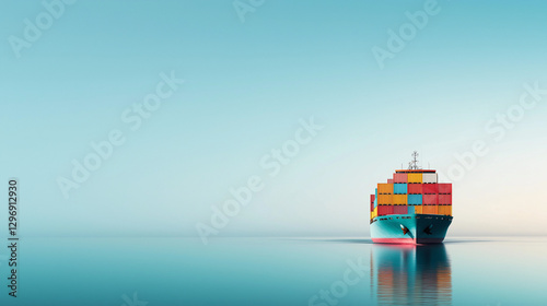 A large container ship sailing directly towards the camera over a smooth and glassy ocean surface, carrying colorful cargo under a clear blue sky. photo