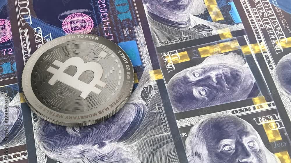 Silver Bitcoin Rotation, Colour Invert of 100 Dollar Bills, Background, Exclusive, Looped
