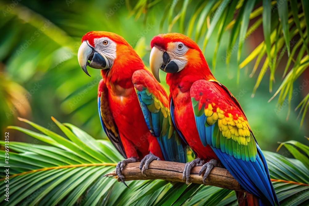 Vibrant Macaws on Tropical Branch: Colorful Parrot Stock Photo Vibrant Macaws on Tropical Branch: Colorful Parrot Stock Photo