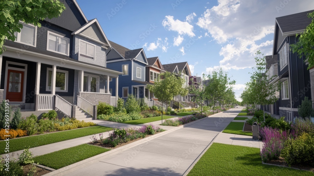 A suburban neighborhood undergoing a revitalization with updated homes and landscaped streets A suburban neighborhood undergoing a revitalization with updated homes and landscaped streets
