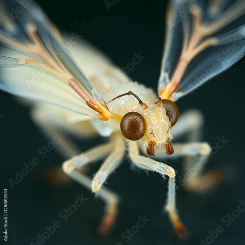 Closeup on a very pale species, greasy looking Trichoptera caddisly species, Limnephilus flavicornis