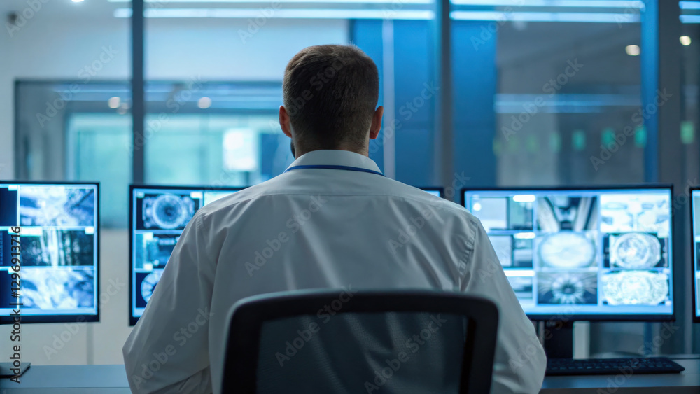 Fototapeta premium cybersecurity specialist monitors multiple screens for digital threats, ensuring data security and protection