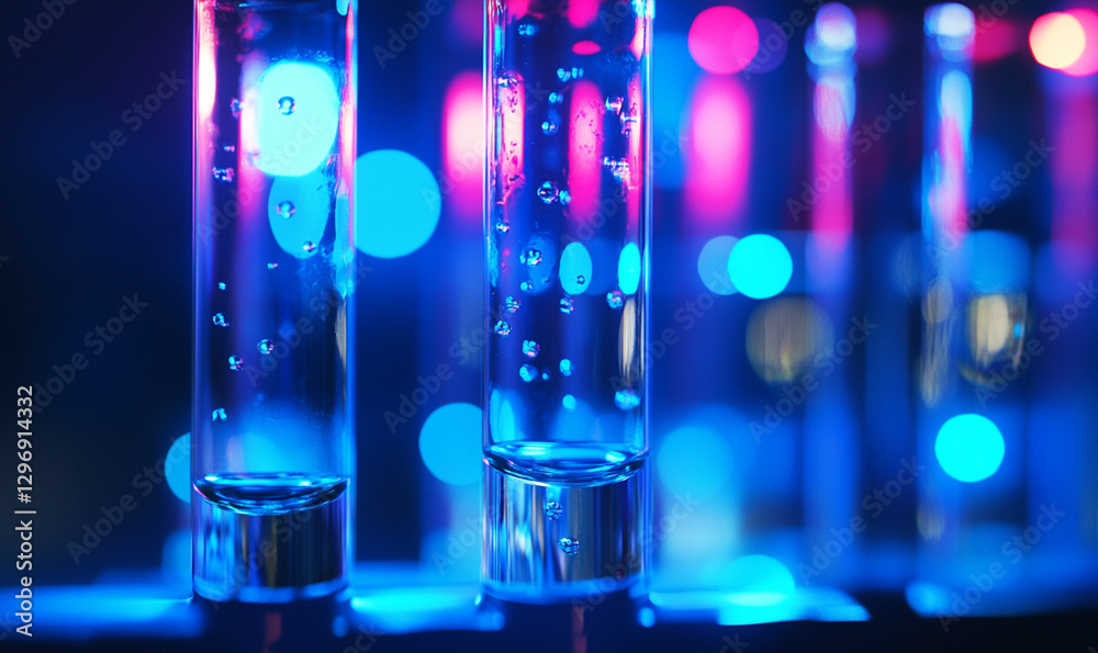 Transparent test tubes with floating bubbles, illuminated by vibrant blue and pink lights. Transparent test tubes with floating bubbles, illuminated by vibrant blue and pink lights.