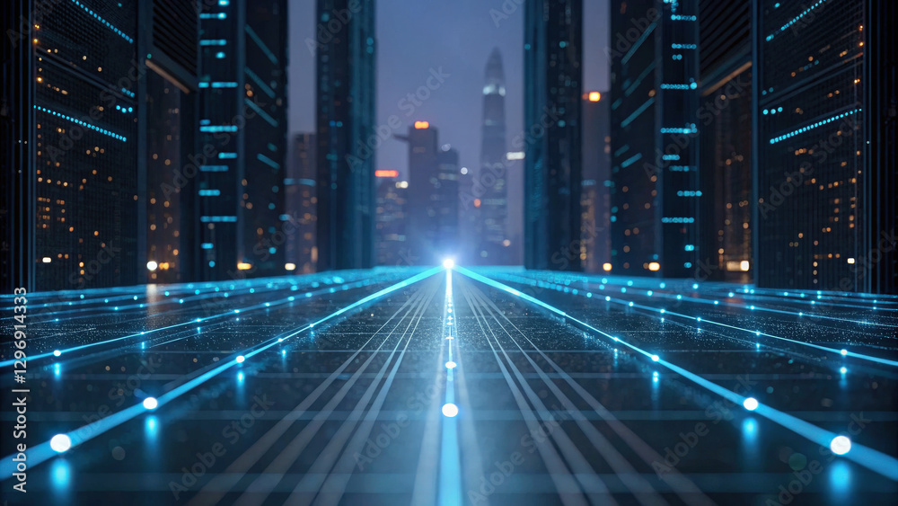 Obraz premium Futuristic cityscape with glowing blue lines and skyscrapers, showcasing advanced technology and innovation