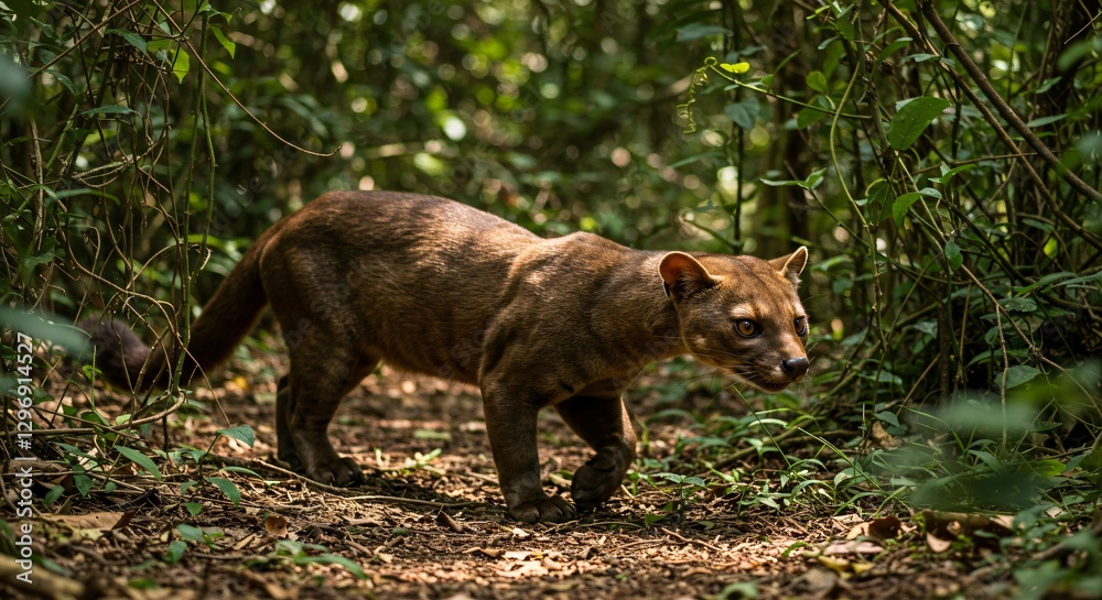 Fossa in Madagascar Undergrowth: Sleek Predator Art for Wildlife Wallpapers & Conservation Content Fossa in Madagascar Undergrowth: Sleek Predator Art for Wildlife Wallpapers & Conservation Content