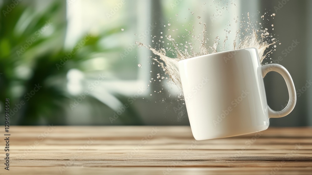 A white mug appears to float mid-air, splashing water in an artistic display, set against a blurred background of greenery and natural light enhancing this dynamic scene. A white mug appears to float mid-air, splashing water in an artistic display, set against a blurred background of greenery and natural light enhancing this dynamic scene.