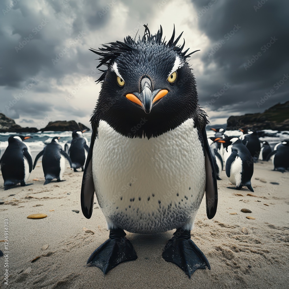 Obraz premium Portrait of a charismatic penguin in a dramatic coastal setting under cloudy skies, surrounded by fellow penguins in their natural habitat