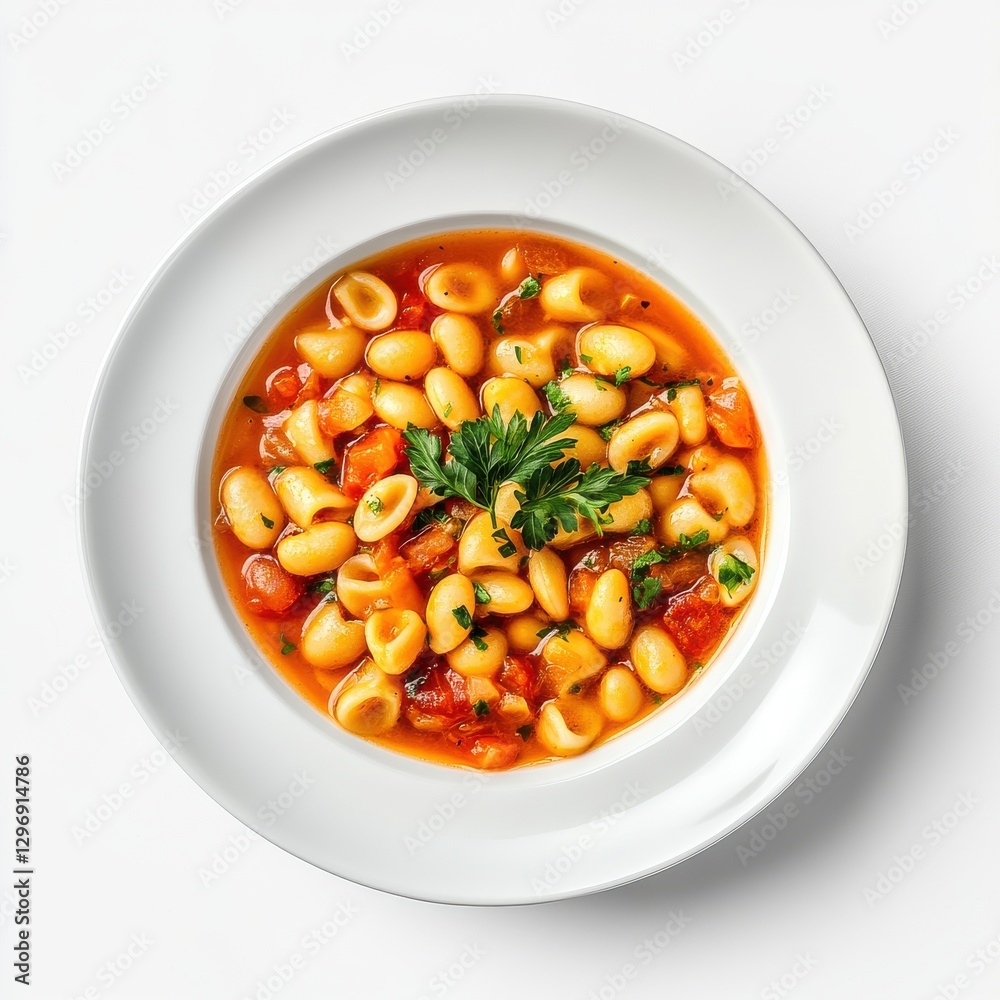 Highresolution topdown view of Ditalini with Beans in cozy setting Highresolution topdown view of Ditalini with Beans in cozy setting
