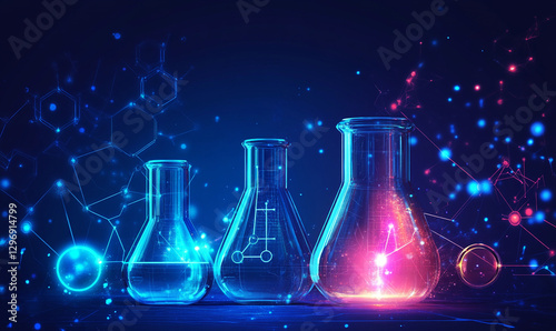 Glass beakers filled with neon liquids, surrounded by digital constellations.