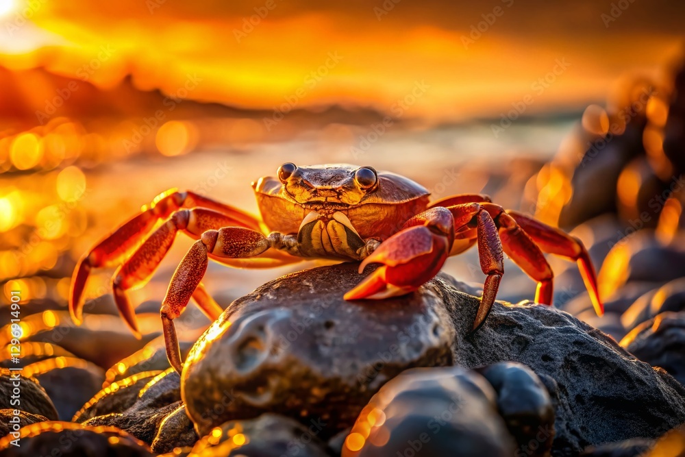 Vibrant Orange Crab on Rocky Sunset Beach - Minimalist Photography Vibrant Orange Crab on Rocky Sunset Beach - Minimalist Photography