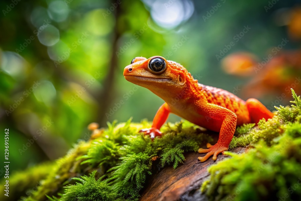Fototapeta premium Vibrant Orange Gecko on Mossy Rock - Tilt-Shift Forest Photography